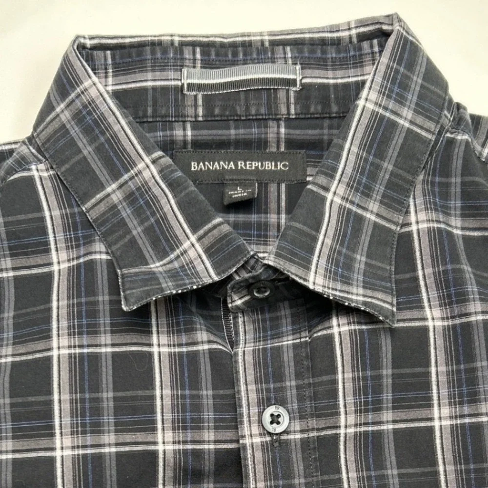 Banana Republic Mens Short Sleeve Plaid Button Down Shirt Black Size L Stretch